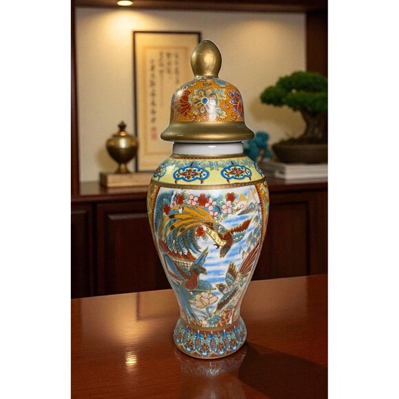 VTG 10” Tall Hand-Painted Asian-Style Ceramic Vase Gold Accents & Bird Motif-Lid - Picture 1 of 12